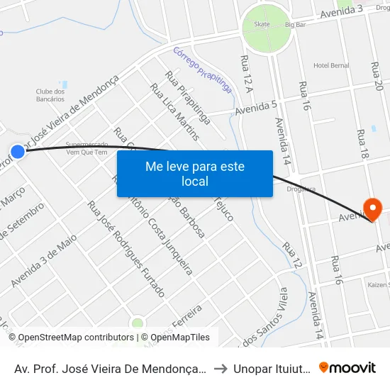 Av. Prof. José Vieira De Mendonça, 1400 to Unopar Ituiutaba map