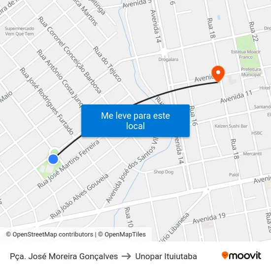 Pça. José Moreira Gonçalves to Unopar Ituiutaba map