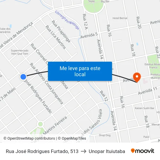 Rua José Rodrigues Furtado, 513 to Unopar Ituiutaba map