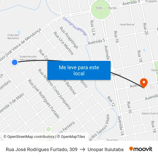 Rua José Rodrigues Furtado, 309 to Unopar Ituiutaba map
