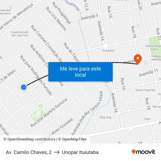 Av. Camilo Chaves, 2 to Unopar Ituiutaba map