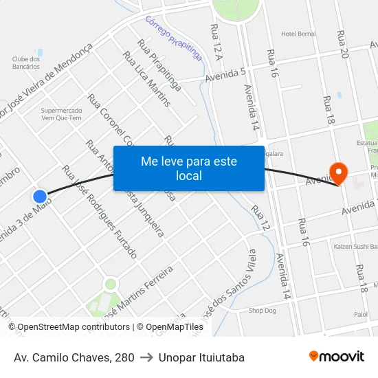 Av. Camilo Chaves, 280 to Unopar Ituiutaba map