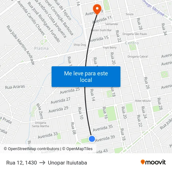 Rua 12, 1430 to Unopar Ituiutaba map