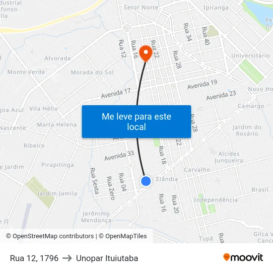 Rua 12, 1796 to Unopar Ituiutaba map