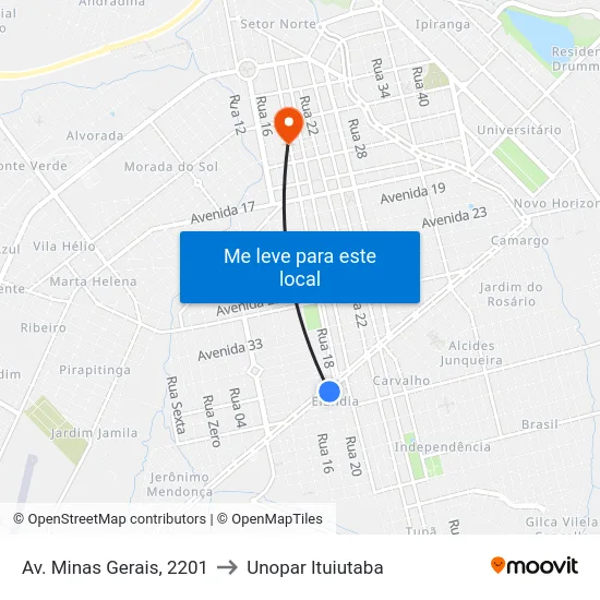Av. Minas Gerais, 2201 to Unopar Ituiutaba map