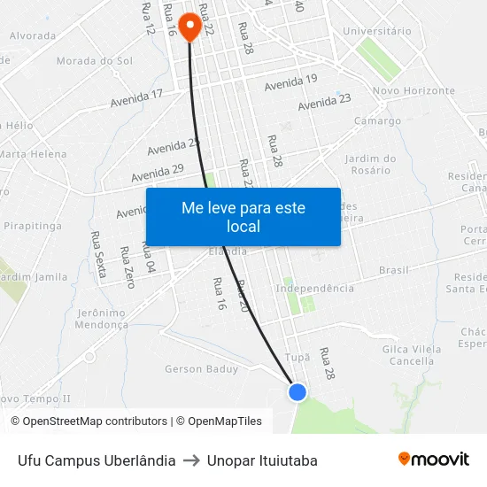 Ufu Campus Uberlândia to Unopar Ituiutaba map