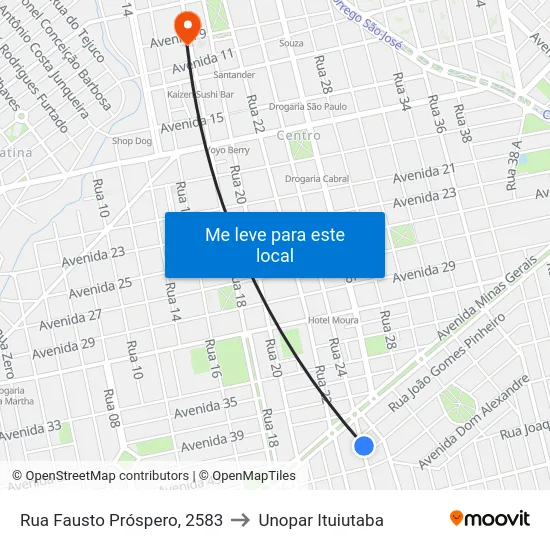 Rua Fausto Próspero, 2583 to Unopar Ituiutaba map