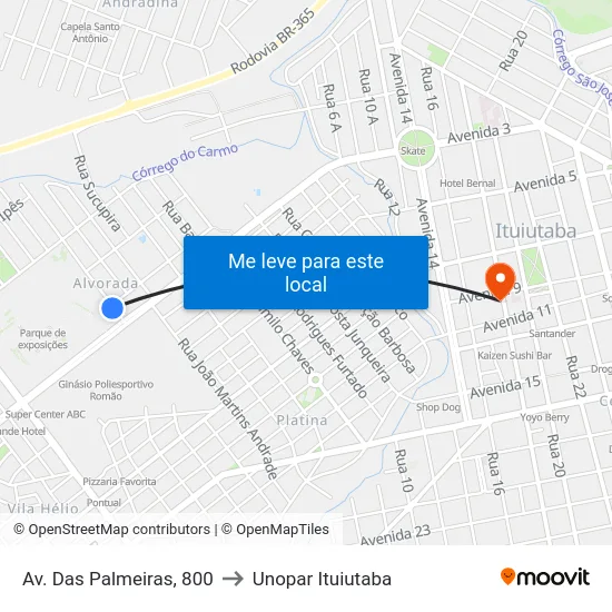 Av. Das Palmeiras, 800 to Unopar Ituiutaba map