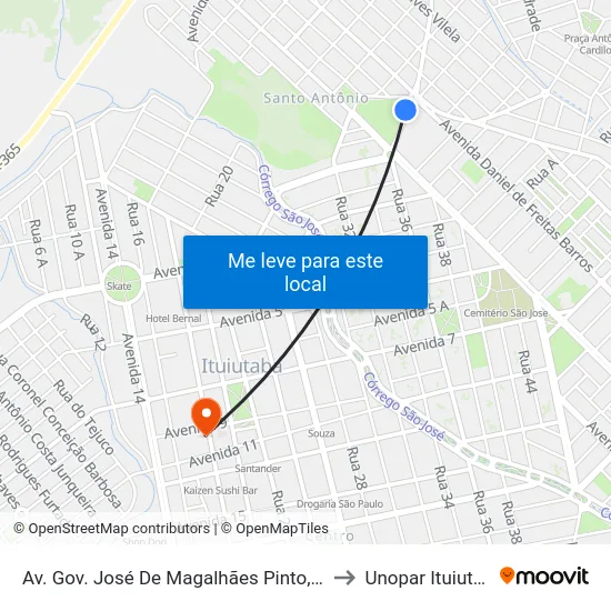 Av. Gov. José De Magalhães Pinto, 1338 to Unopar Ituiutaba map