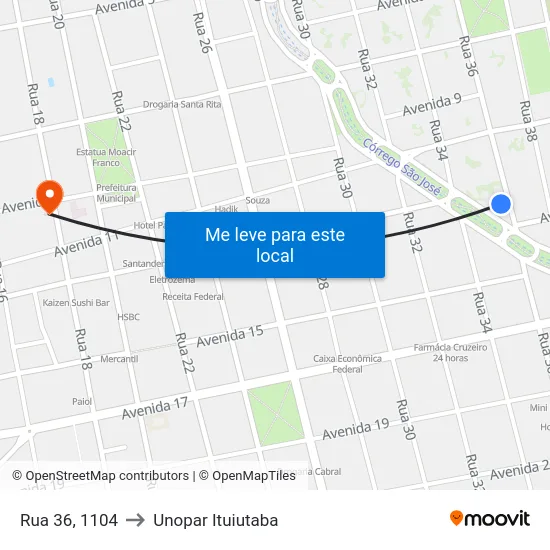 Rua 36, 1104 to Unopar Ituiutaba map