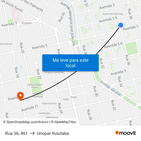Rua 36, 461 to Unopar Ituiutaba map