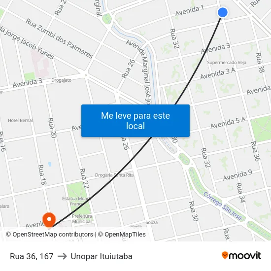 Rua 36, 167 to Unopar Ituiutaba map