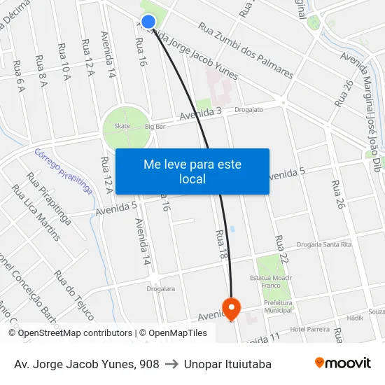 Av. Jorge Jacob Yunes, 908 to Unopar Ituiutaba map