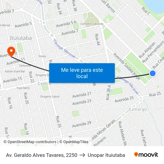 Av. Geraldo Alves Tavares, 2250 to Unopar Ituiutaba map