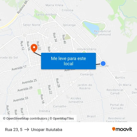 Rua 23, 5 to Unopar Ituiutaba map