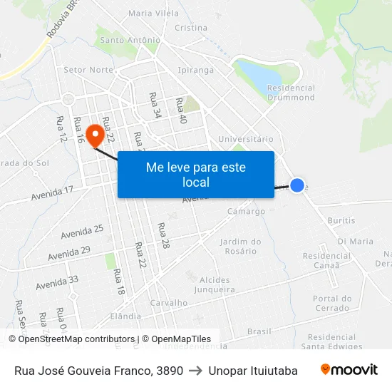 Rua José Gouveia Franco, 3890 to Unopar Ituiutaba map