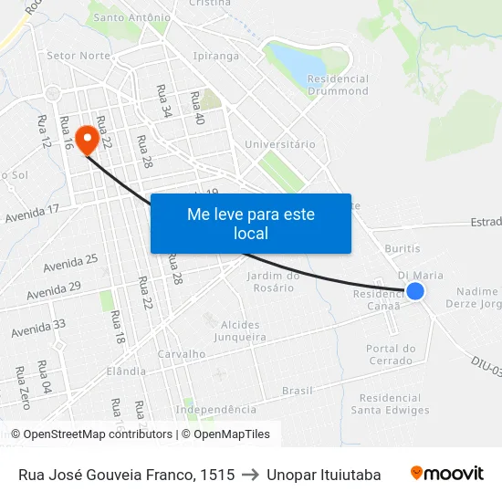 Rua José Gouveia Franco, 1515 to Unopar Ituiutaba map