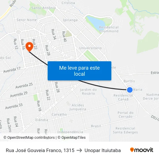 Rua José Gouveia Franco, 1315 to Unopar Ituiutaba map