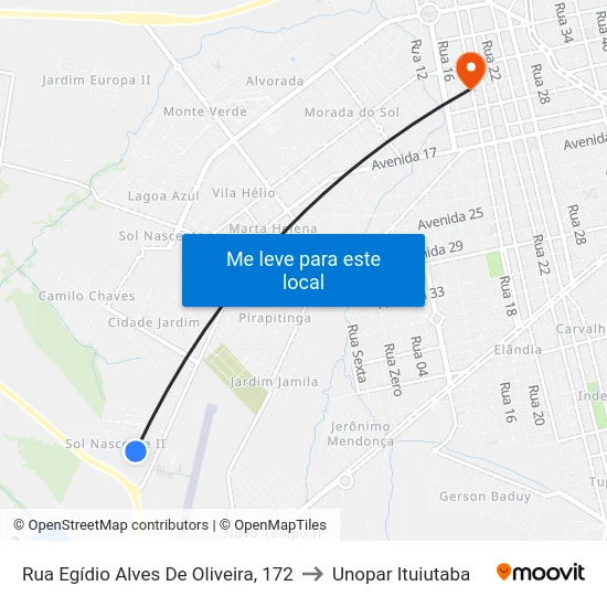 Rua Egídio Alves De Oliveira, 172 to Unopar Ituiutaba map