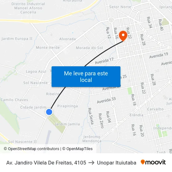 Av. Jandiro Vilela De Freitas, 4105 to Unopar Ituiutaba map