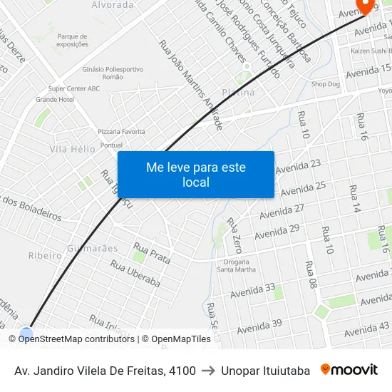 Av. Jandiro Vilela De Freitas, 4100 to Unopar Ituiutaba map