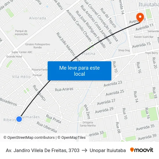 Av. Jandiro Vilela De Freitas, 3703 to Unopar Ituiutaba map