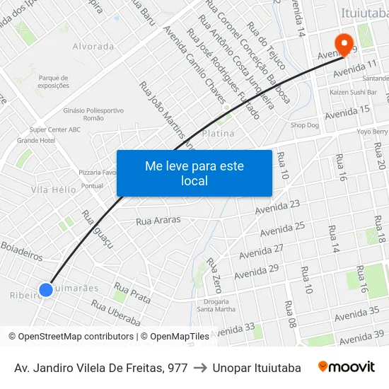 Av. Jandiro Vilela De Freitas, 977 to Unopar Ituiutaba map