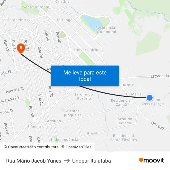 Rua Mário Jacob Yunes to Unopar Ituiutaba map