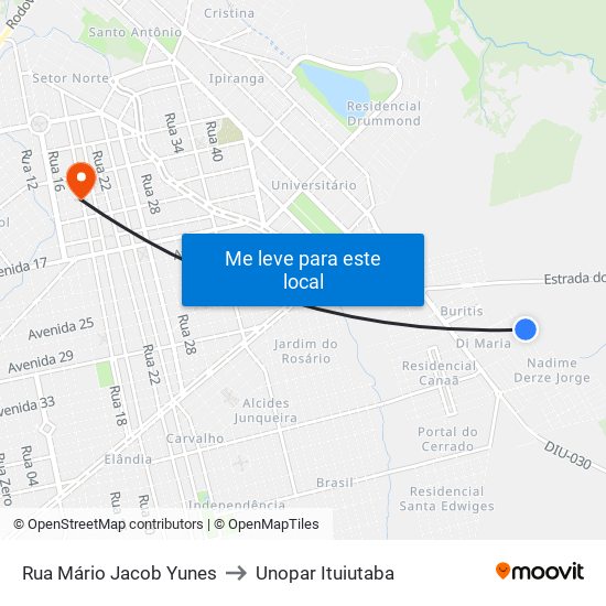 Rua Mário Jacob Yunes to Unopar Ituiutaba map