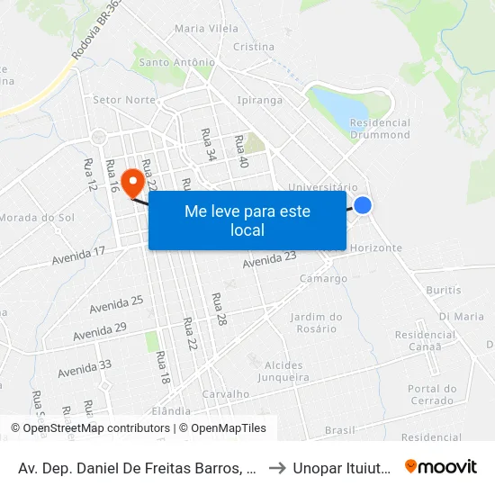 Av. Dep. Daniel De Freitas Barros, 3133 to Unopar Ituiutaba map