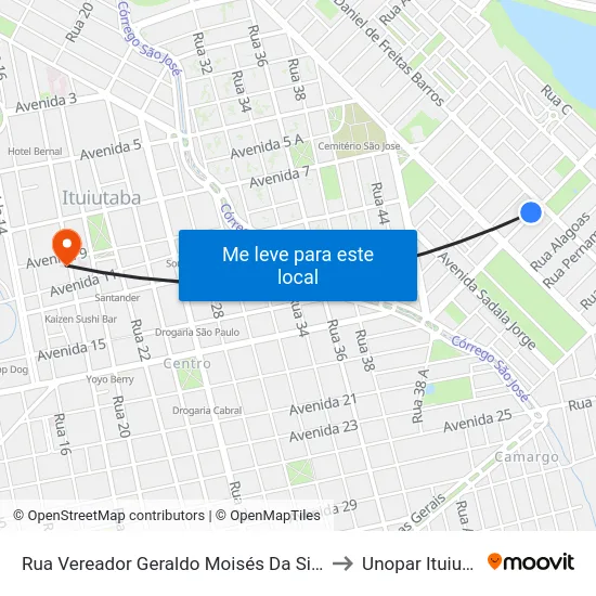 Rua Vereador Geraldo Moisés Da Silva, 284 to Unopar Ituiutaba map