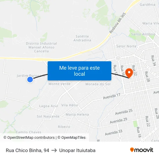 Rua Chico Binha, 94 to Unopar Ituiutaba map