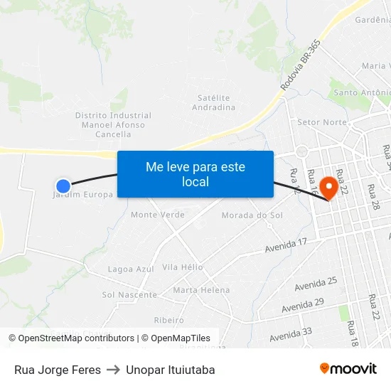 Rua Jorge Feres to Unopar Ituiutaba map