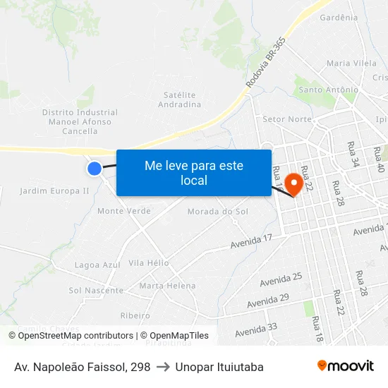 Av. Napoleão Faissol, 298 to Unopar Ituiutaba map