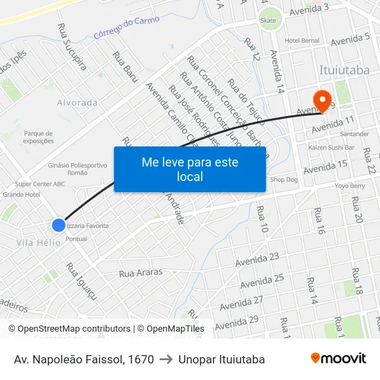 Av. Napoleão Faissol, 1670 to Unopar Ituiutaba map