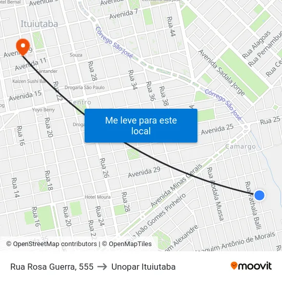 Rua Rosa Guerra, 555 to Unopar Ituiutaba map