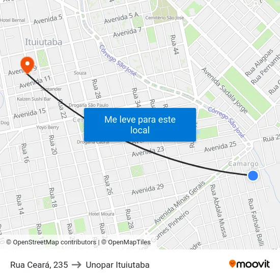 Rua Ceará, 235 to Unopar Ituiutaba map