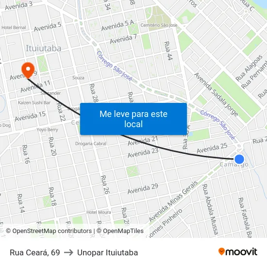 Rua Ceará, 69 to Unopar Ituiutaba map