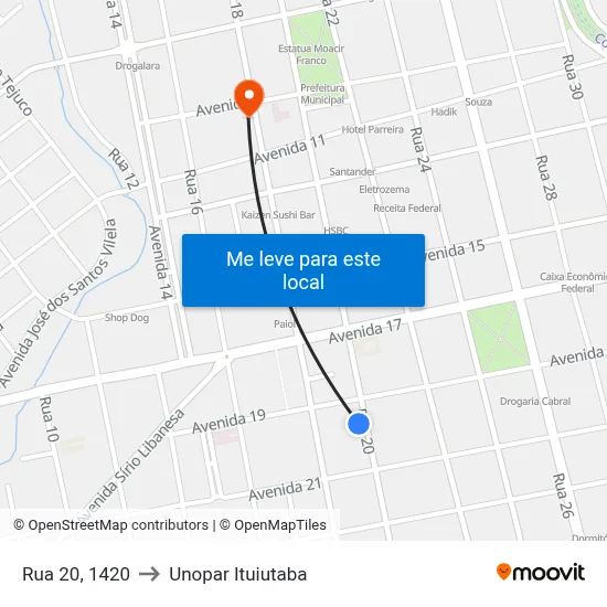 Rua 20, 1420 to Unopar Ituiutaba map