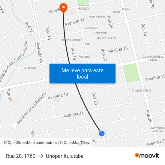 Rua 20, 1760 to Unopar Ituiutaba map