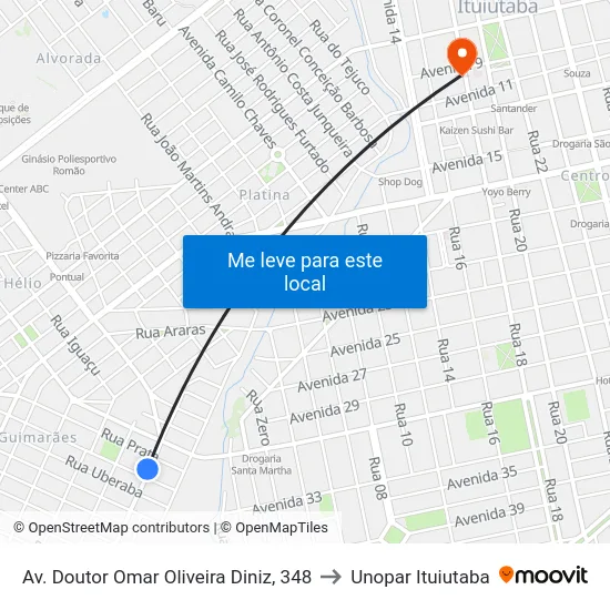 Av. Doutor Omar Oliveira Diniz, 348 to Unopar Ituiutaba map