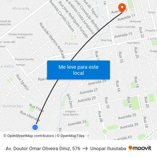 Av. Doutor Omar Oliveira Diniz, 576 to Unopar Ituiutaba map