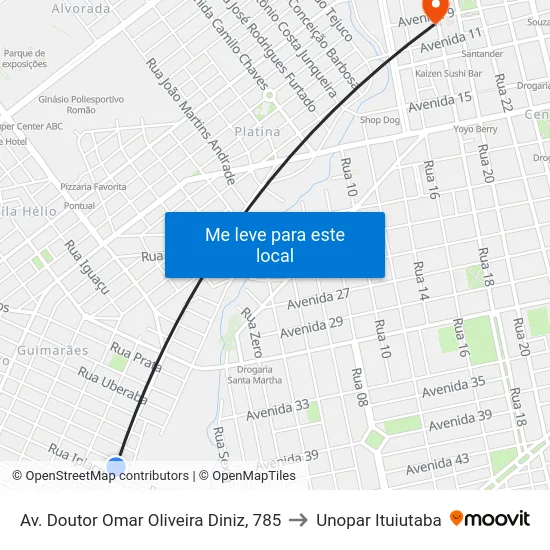 Av. Doutor Omar Oliveira Diniz, 785 to Unopar Ituiutaba map