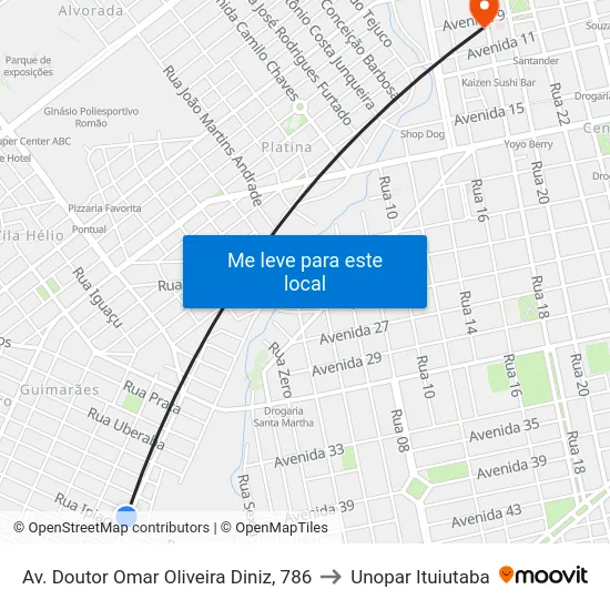 Av. Doutor Omar Oliveira Diniz, 786 to Unopar Ituiutaba map
