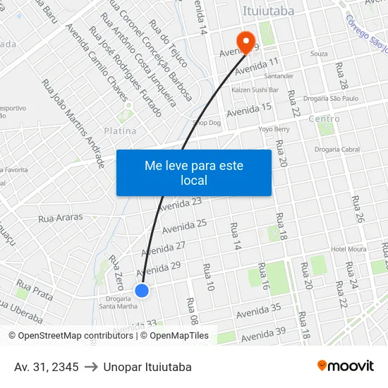 Av. 31, 2345 to Unopar Ituiutaba map