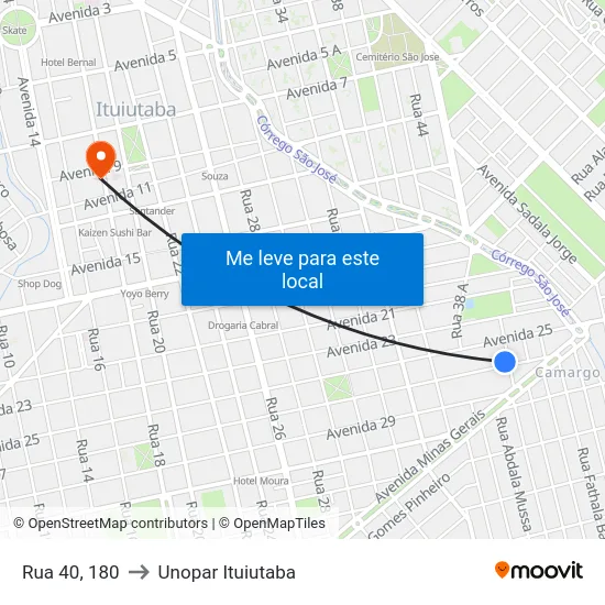 Rua 40, 180 to Unopar Ituiutaba map