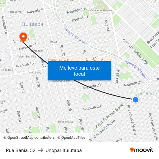Rua Bahia, 52 to Unopar Ituiutaba map