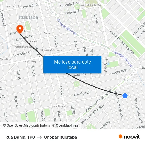Rua Bahia, 190 to Unopar Ituiutaba map