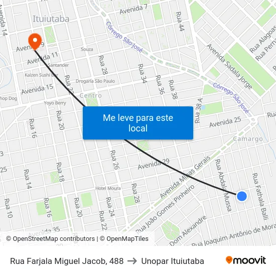 Rua Farjala Miguel Jacob, 488 to Unopar Ituiutaba map