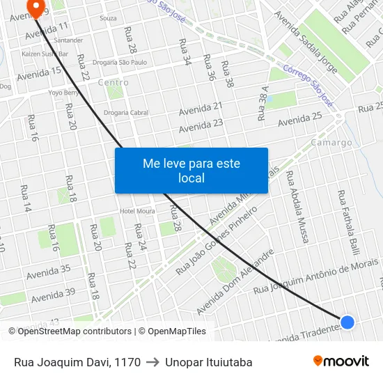 Rua Joaquim Davi, 1170 to Unopar Ituiutaba map